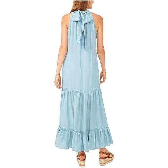 Vince Camuto Sleeveless Tiered Tencel Maxi Halter Dress Blue Large Tiered Flowy - Picture 2 of 11